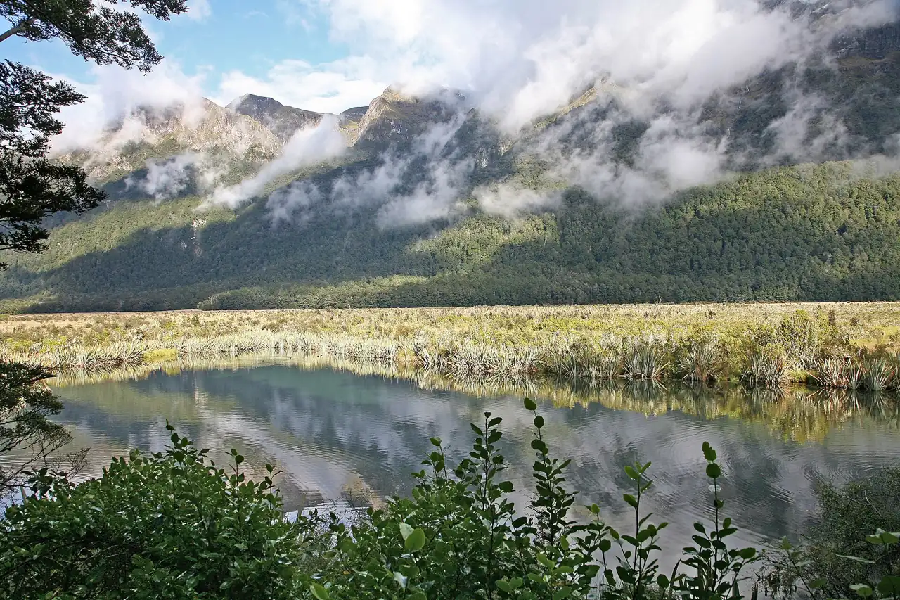 Lake Gunn lying still below beech forest and cloud-wrapped mountains